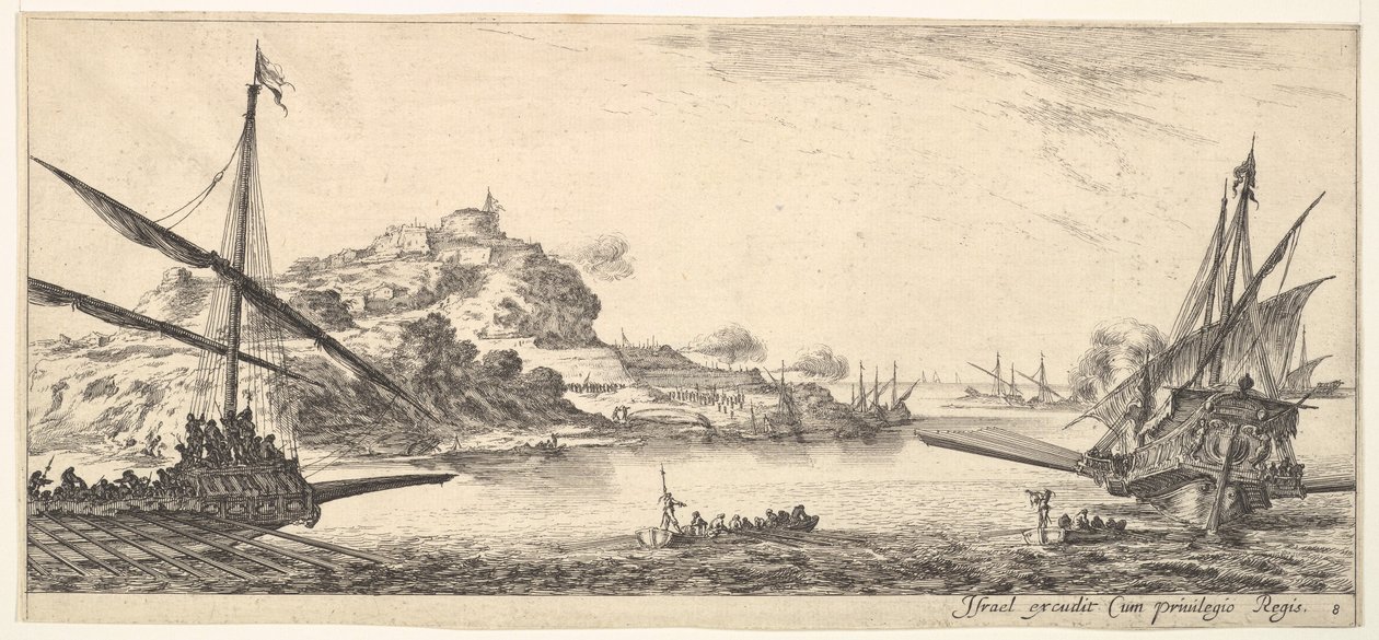 Plate 8: A baugen av en bysse til venstre og en annen bysse til høyre, sett bakfra..., ca. 1641. av Stefano della Bella