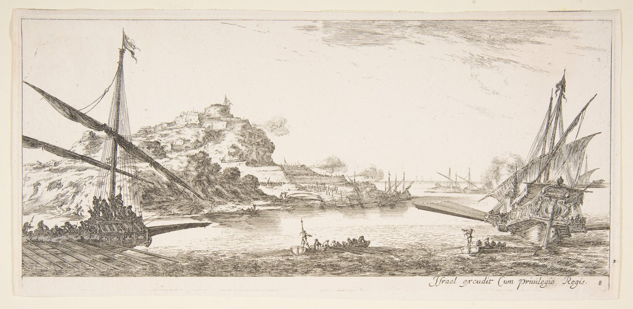 Plate 8: A baugen av en bysse til venstre og en annen bysse til høyre, sett bakfra..., ca. 1641. av Stefano della Bella