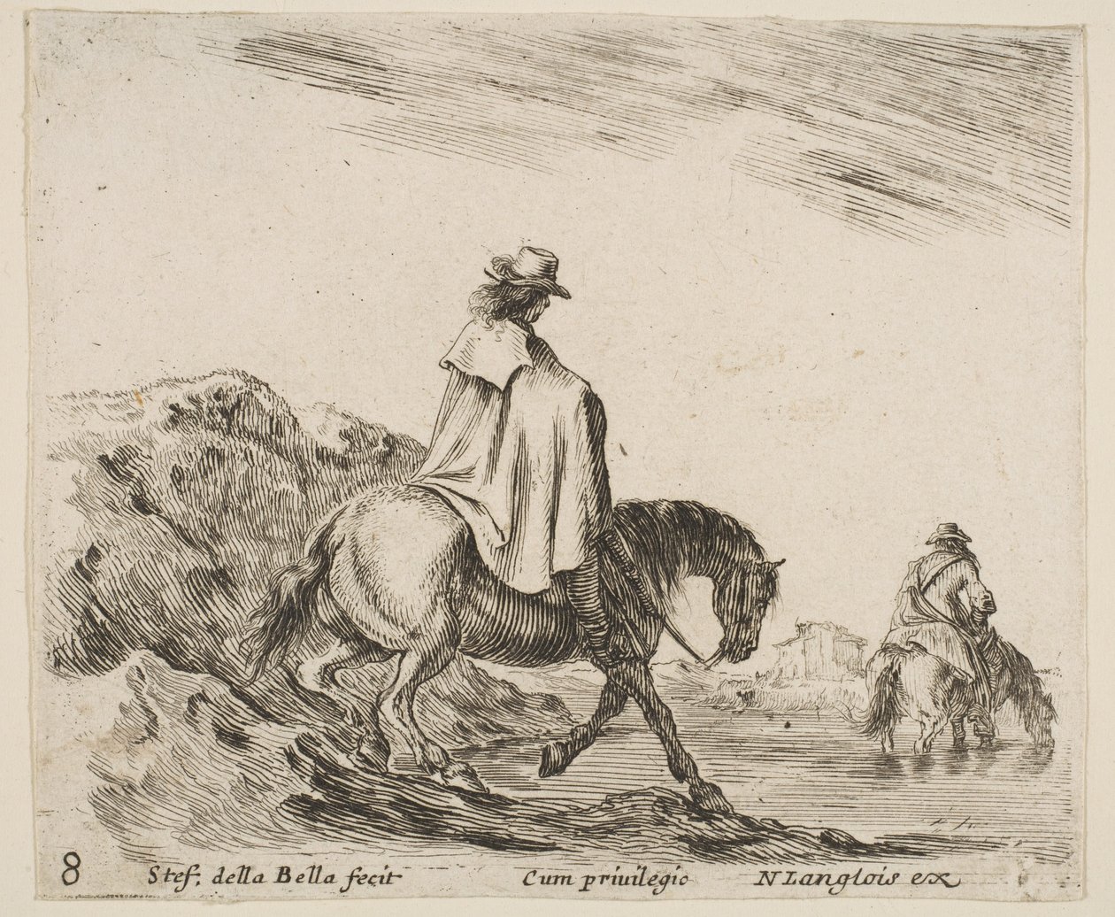 Plate 8: en rytter går ned en elvebredd, en annen rytter i elva til høyre, fra ..., ca. 1644-47. av Stefano della Bella