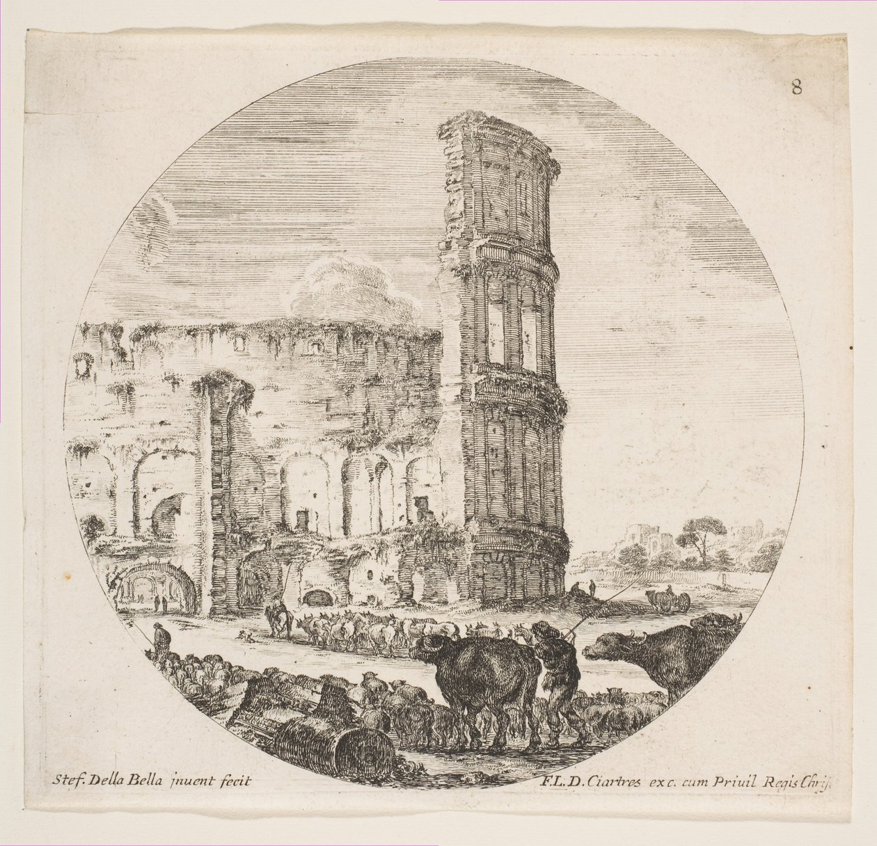 Plate 8: Colosseum, to flokker blir rettet mot amfiteateret i forkant..., ca. 1646. av Stefano della Bella