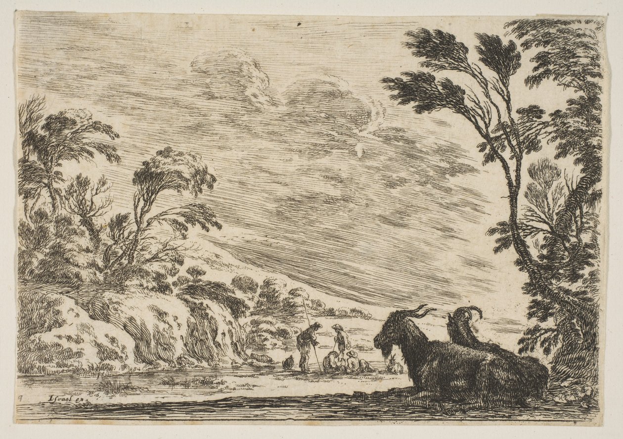 Plate 9: To geiter hviler til høyre, vendt mot venstre, fire menn og en hest i en ri..., 1642. av Stefano della Bella