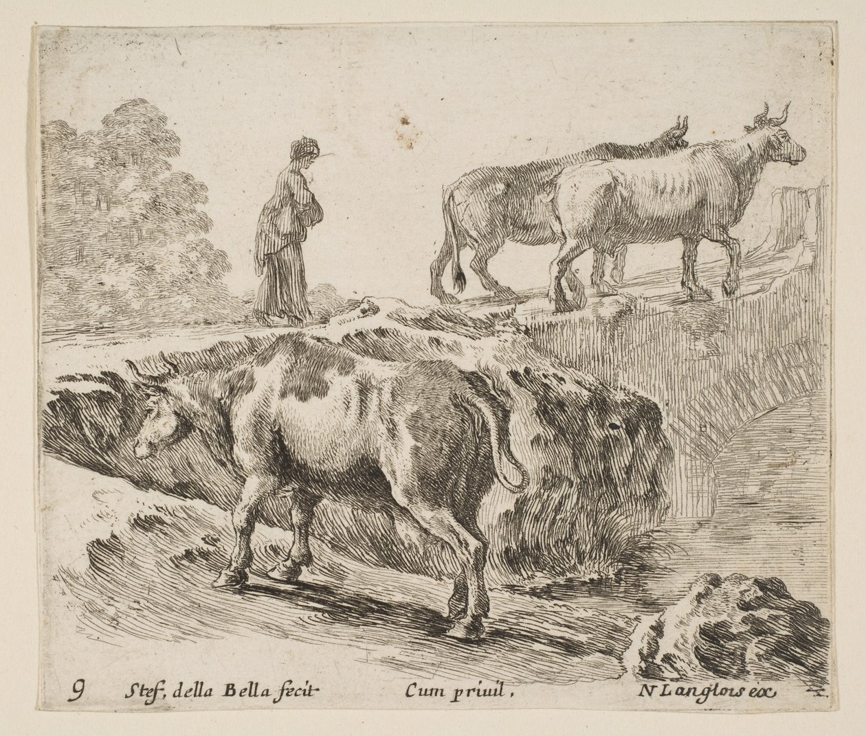 Plate 9: en ku som går opp en bank, en bondekvinne fører to kyr over en bro i..., ca. 1644-47. av Stefano della Bella
