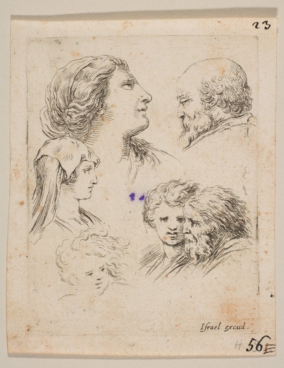 Plate 9: fem hoder, to unge kvinner til venstre, en skjeggete mann øverst til høyre, en ung kvinne, ca. 1649. av Stefano della Bella
