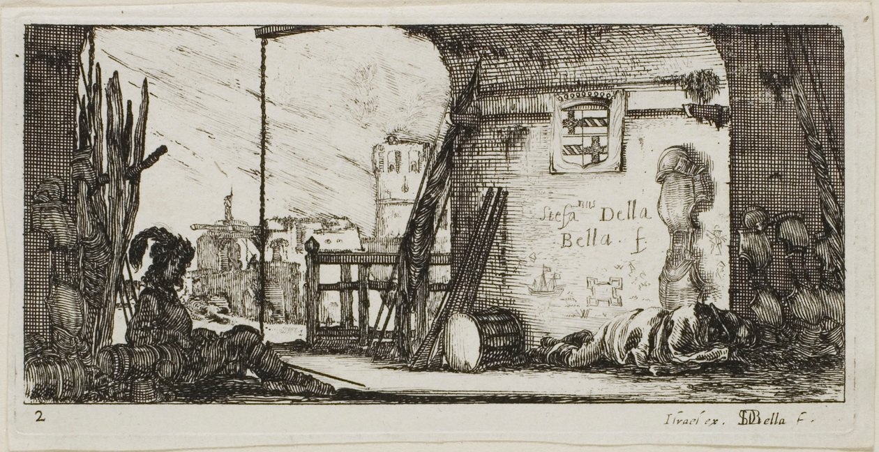 Plate to fra tegninger av flere bevegelser av soldater av Stefano della Bella