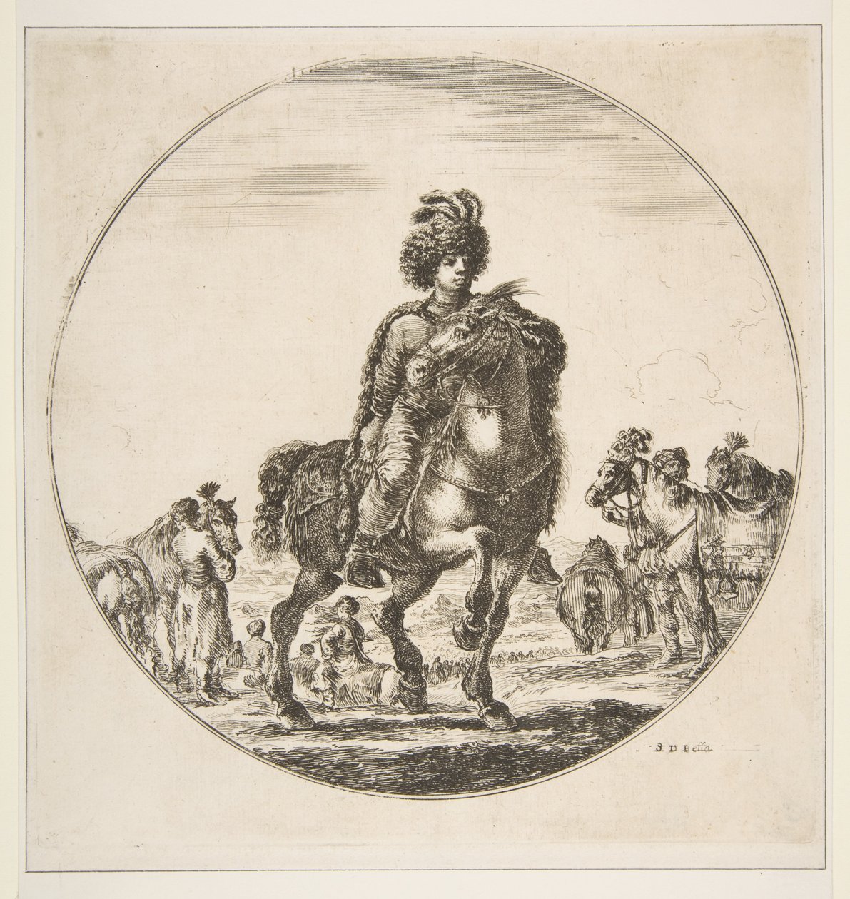Polsk rytter vendt mot høyre, en sirkulær komposisjon, fra Figures on Horseback Cav..., ca. 1651. av Stefano della Bella