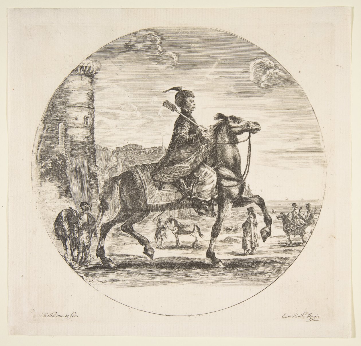 Polsk rytter i profil mot høyre, et tårn og andre figurer på hester i bakgr..., ca. 1651. av Stefano della Bella