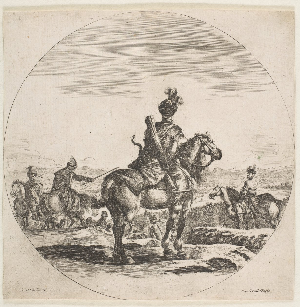Polsk rytter med pil og bue, sett bakfra med hesten mot høyre, en ..., ca. 1651. av Stefano della Bella