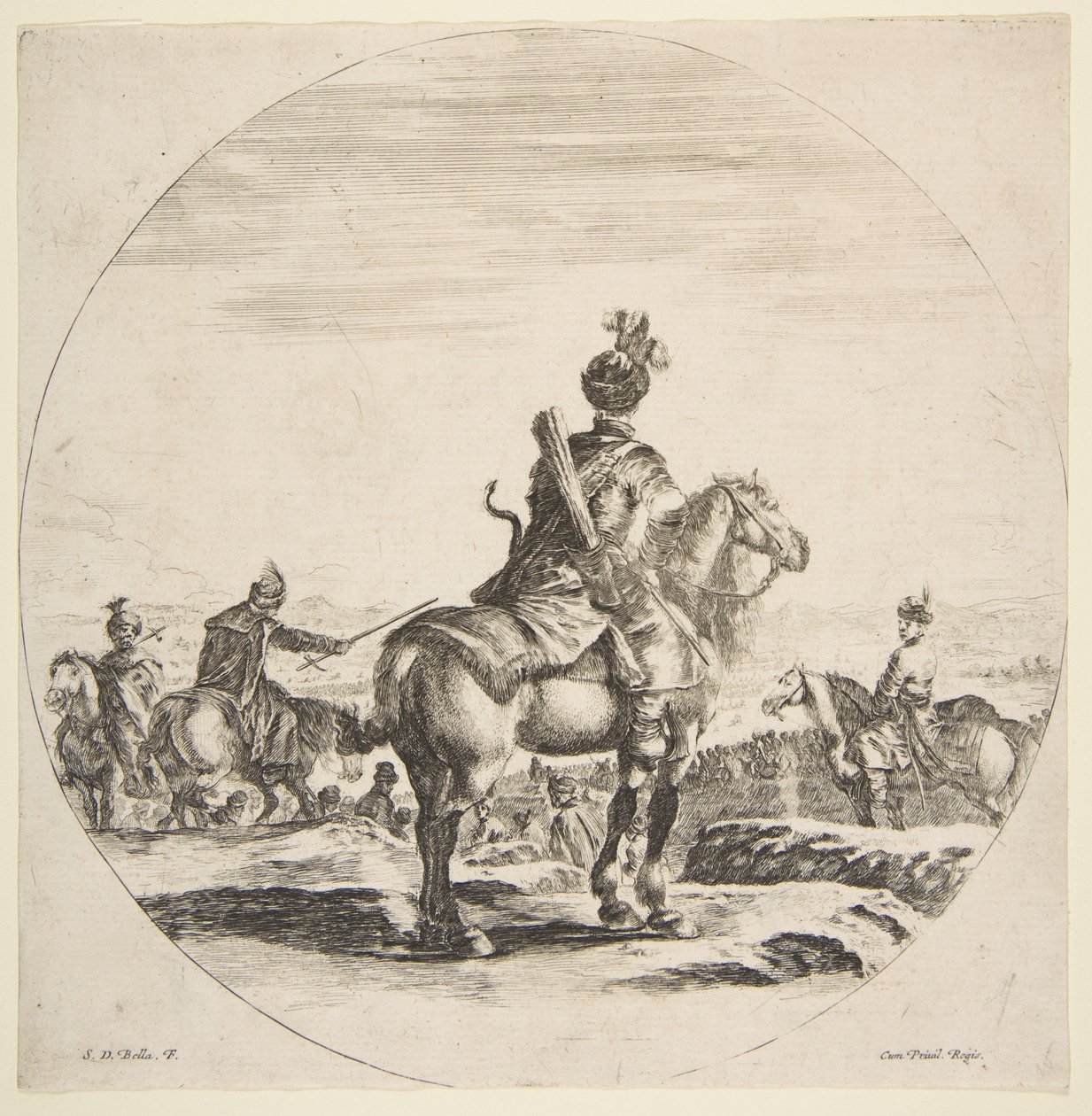 Polsk rytter med pil og bue, sett bakfra med hesten mot høyre, en ..., ca. 1651. av Stefano della Bella