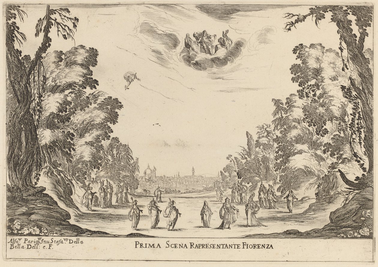 Første scene Reprezentanta Firenze, 1637. av Stefano della Bella