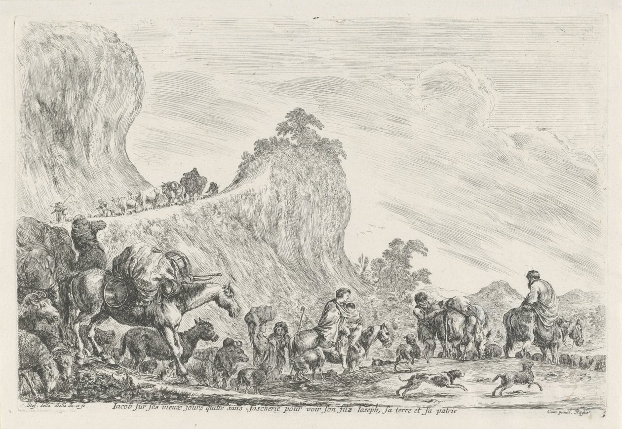 Reis van Jakob til Egypt Jakob drar på sine gamle dager uten sinne for sønnen Joseph, land og fedreland (tittel på objekt) av Stefano della Bella