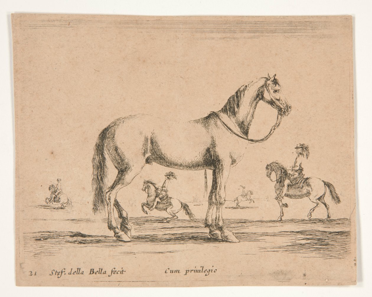Rytterløs hest, med ryttere som driver dressur i bakgrunnen av Stefano della Bella