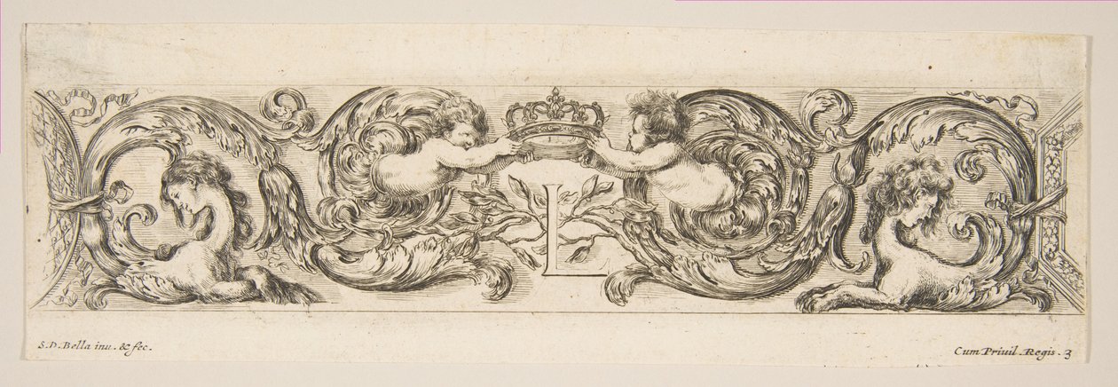 Rinceaux with Two Children Holding a Royal Crown Over the Letter L, Plate 3 from: 