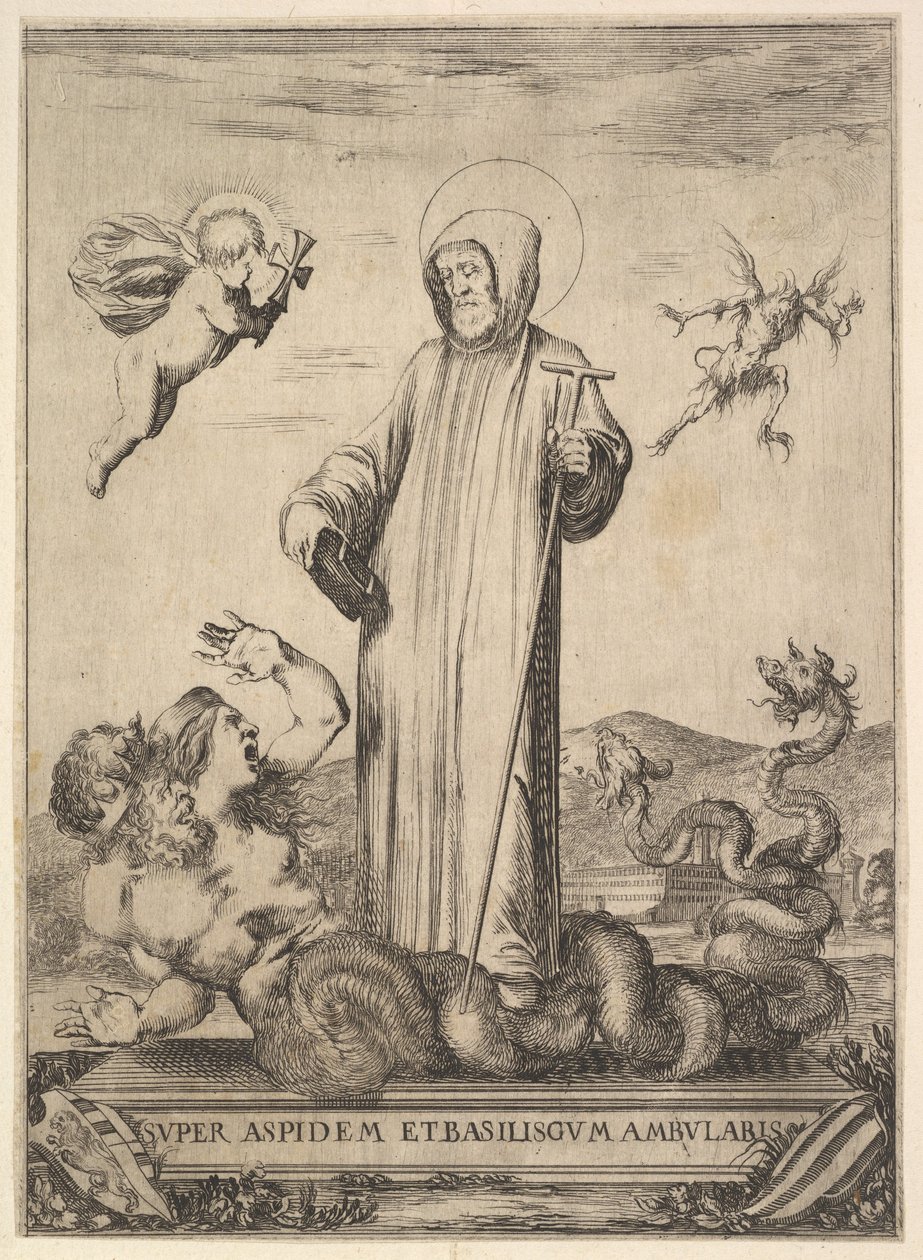 Saint Jean Gualbert tråkker et monster med to menneskehoder og en slangekropp, en flyi..., 1640. av Stefano della Bella