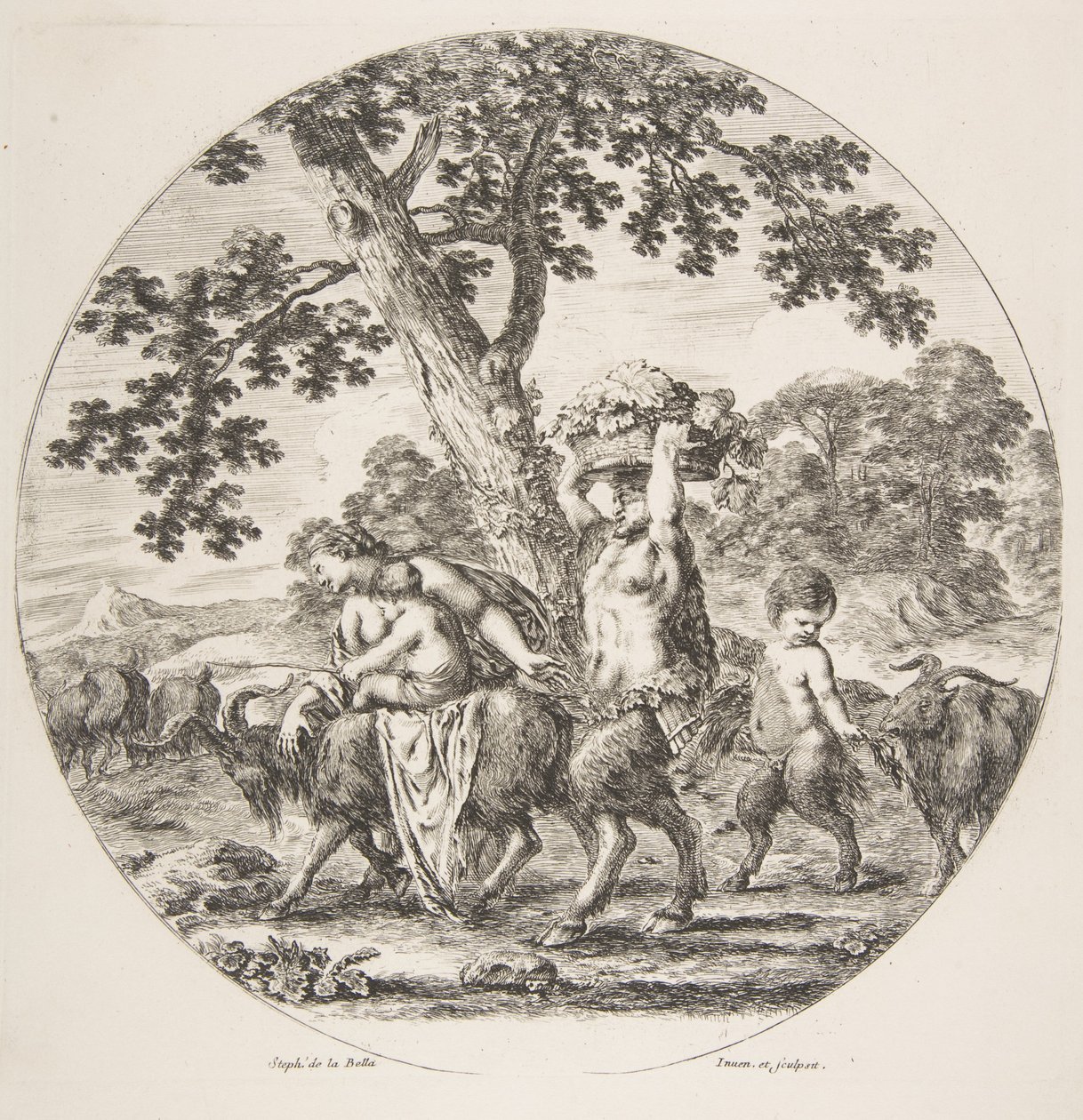 Satyrfamilien går mot venstre med to geiter og en kurv med druer, ca. 1657. av Stefano della Bella