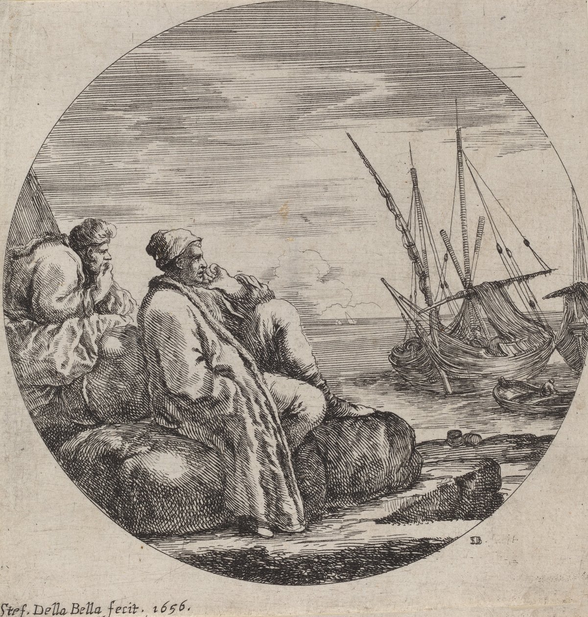 Havnehavn med to tyrkiske kjøpmenn, 1656. av Stefano della Bella