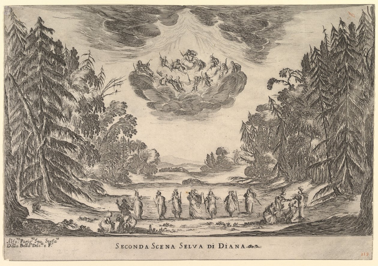 Andre scene, i Dianas skog, fra gudenes ekteskap Le nozze degli Dei, 1637. av Stefano della Bella