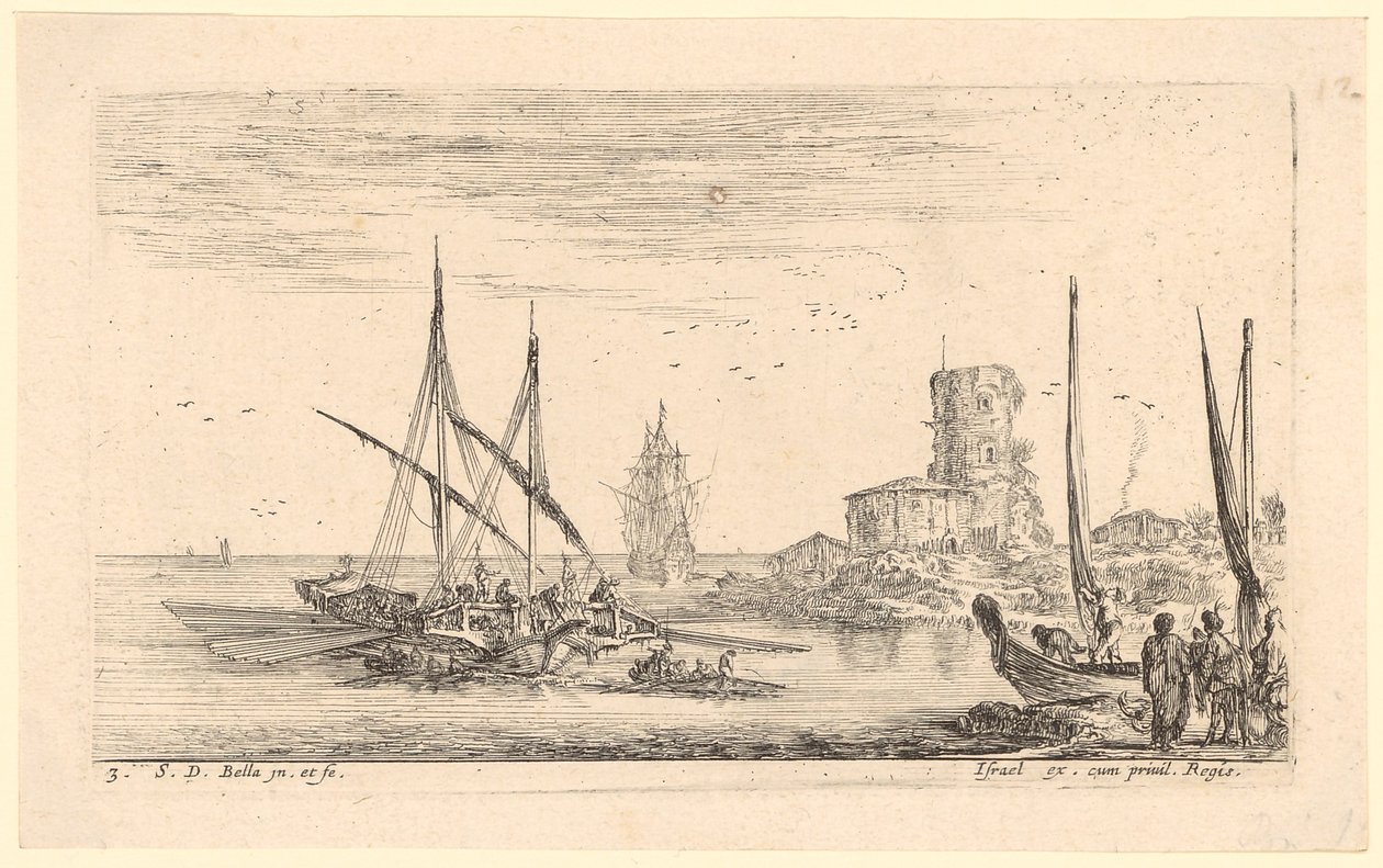 Marinemaleri med flere skip og et gammelt tårn ved stranden av Stefano della Bella
