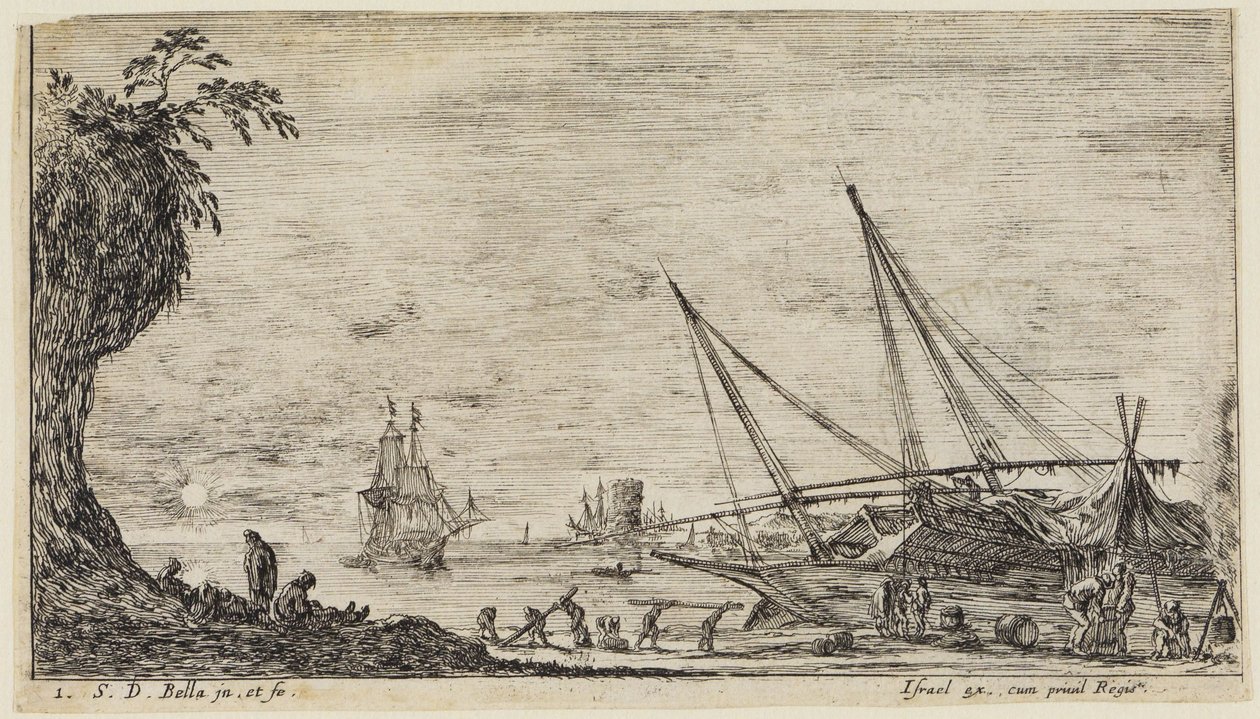 Havlandskap (Paysages maritimes): Havn med sjømenn og arbeidere som frakter tømmerstokker av Stefano della Bella