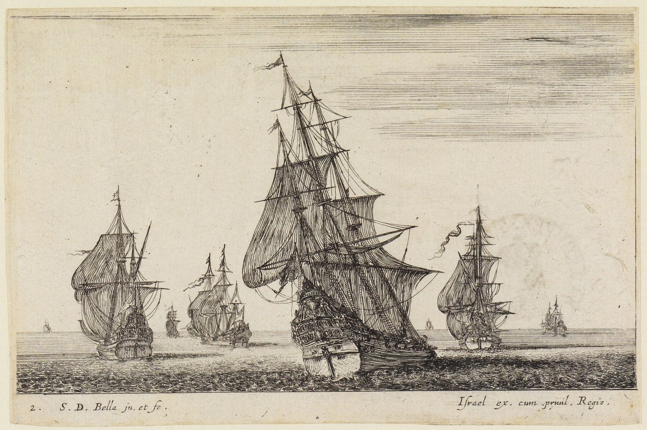 Havlandskap (Paysages maritimes): Et skip som setter seil i forgrunnen, flere i bakgrunnen av Stefano della Bella