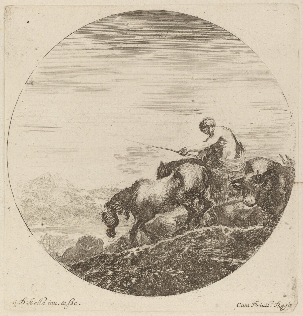 Hyrde på en hest som driver en flokk med forskjellige dyr av Stefano della Bella