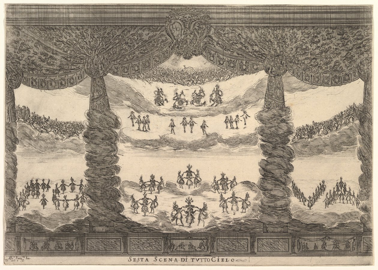 Sjette scene, himlene, fra gudenes ekteskap Le nozze degli Dei, 1637. av Stefano della Bella