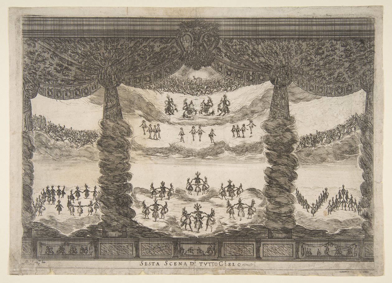 Sjette scene, himlene, fra gudenes ekteskap Le nozze degli Dei, 1637. av Stefano della Bella