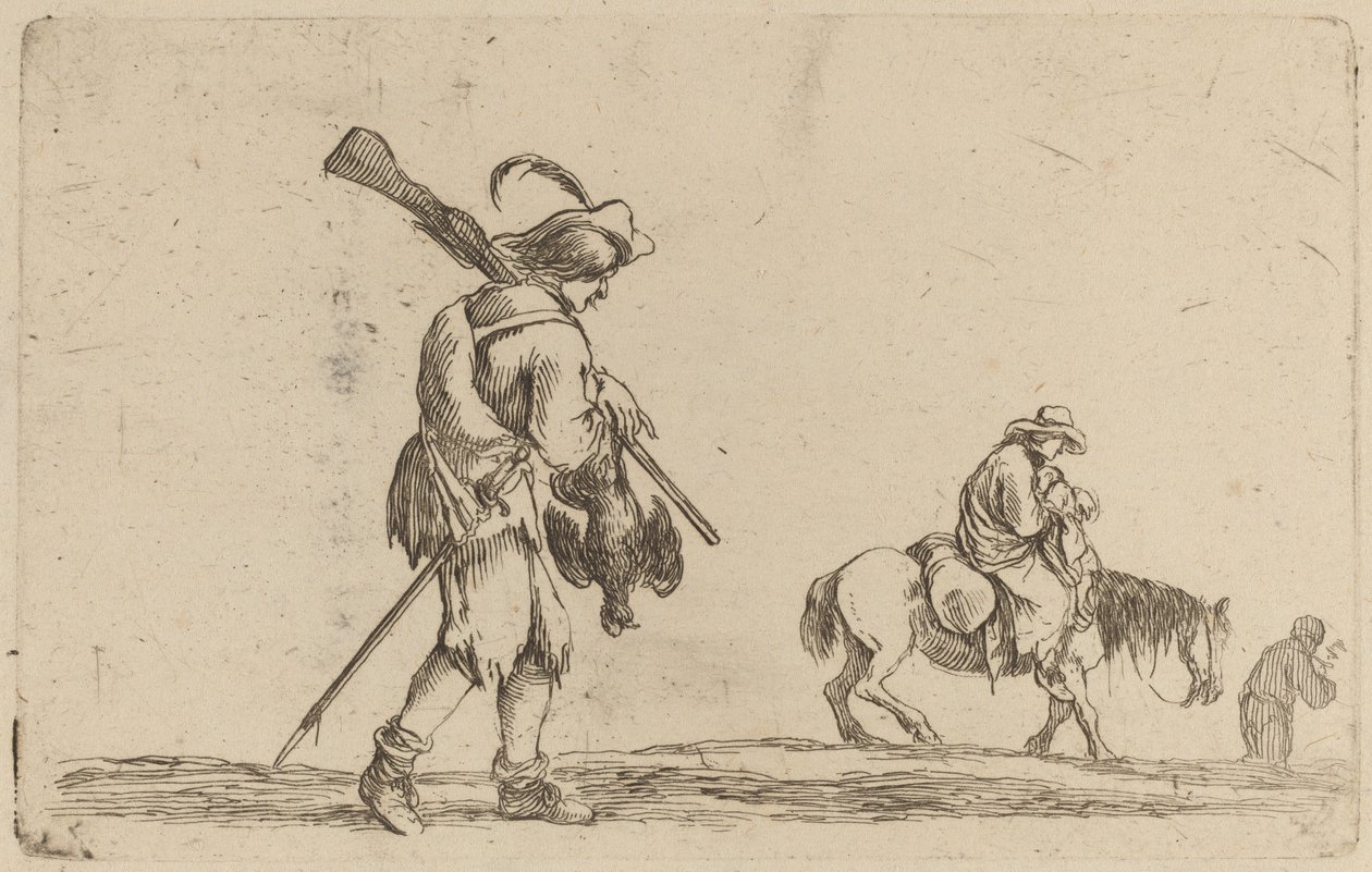 Soldat holder en fugl ved føttene. av Stefano della Bella