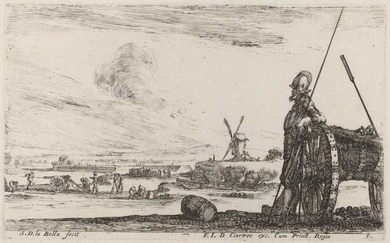 Soldat i rustning og en kanon, ca. 1641. av Stefano della Bella