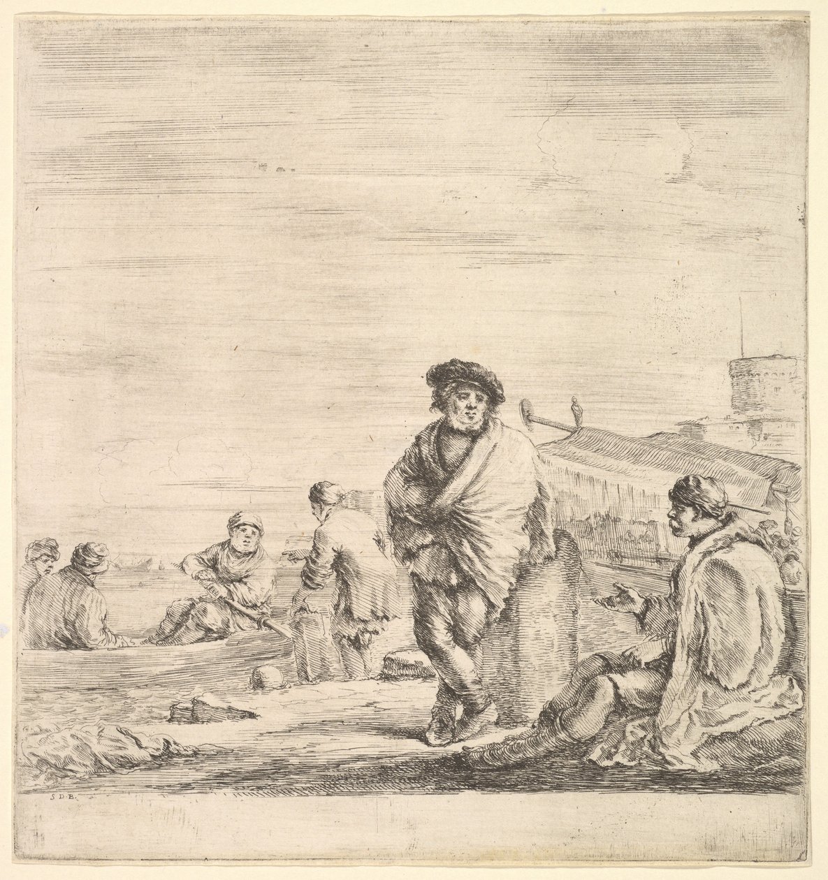 Stående sjømann i midten snakker med en sittende levantinsk mann til venstre, sett i profil..., ca. 1658-63. av Stefano della Bella