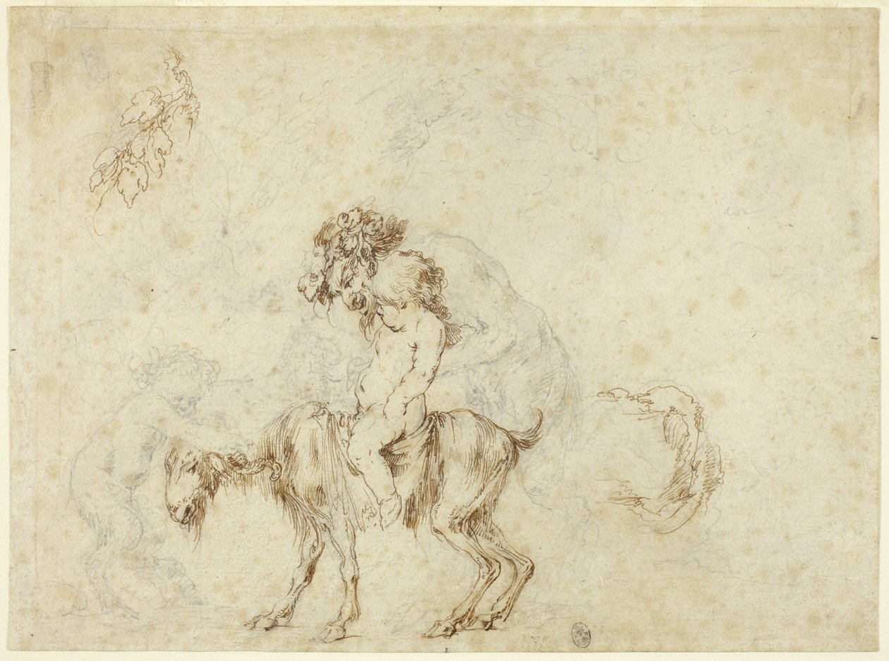 Studie for Satyr Family Walking (recto); Skisser av fem dekorative kar (verso) av Stefano della Bella