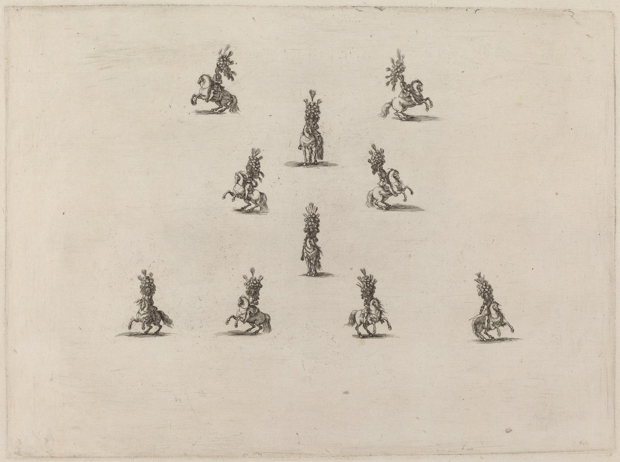 Ti kavalerere med store plymerhjelmer, 1652. av Stefano della Bella