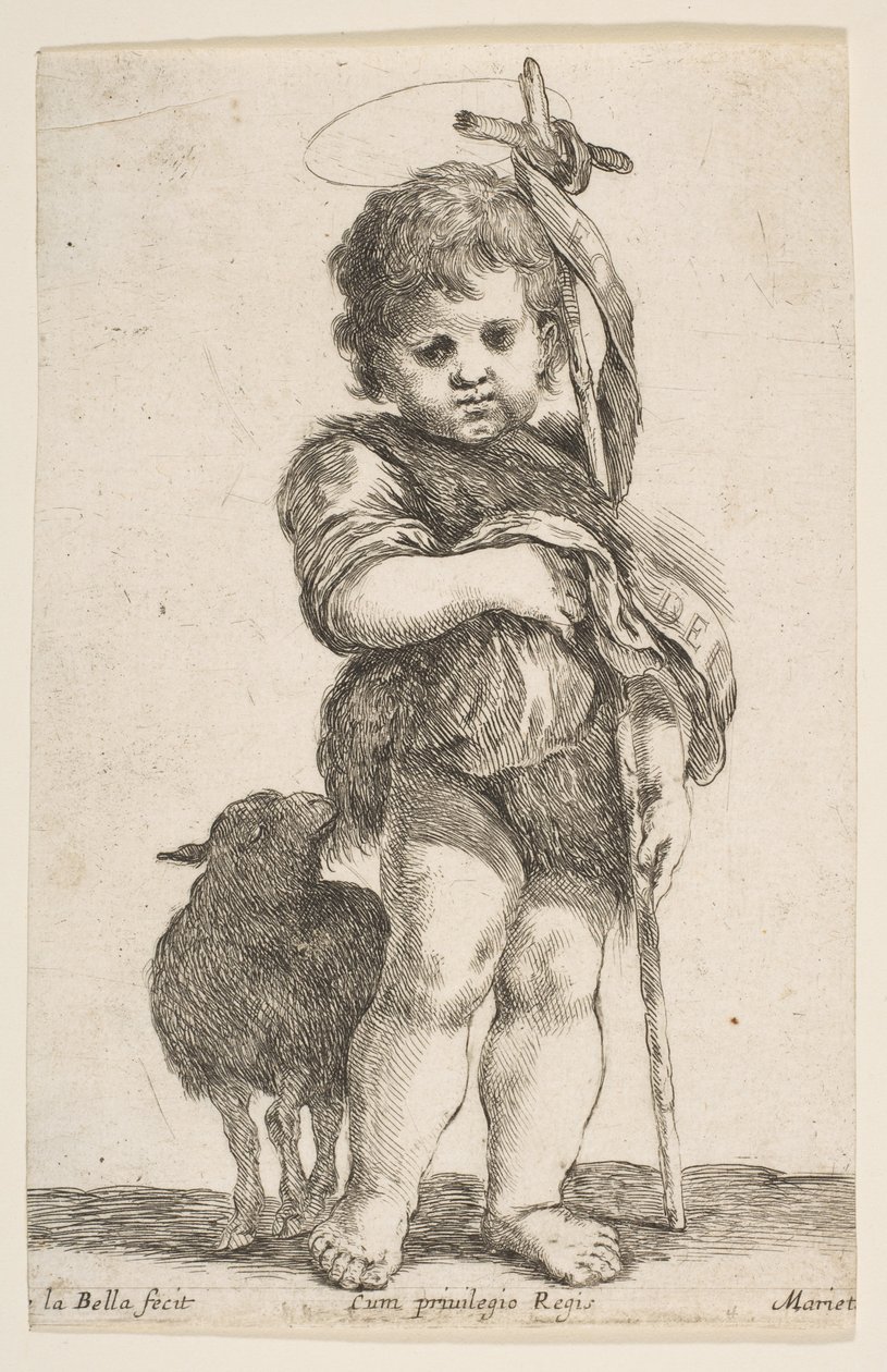 Spedbarnet St. Johannes døperen holder opp kappen, ca. 1649. av Stefano della Bella