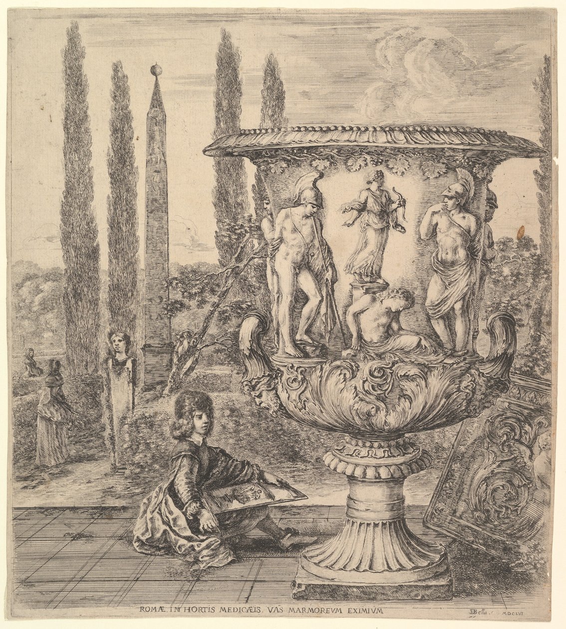 Medici-vasen, en stor vase til høyre dekorert med en representasjon av offeret til..., 1656. av Stefano della Bella