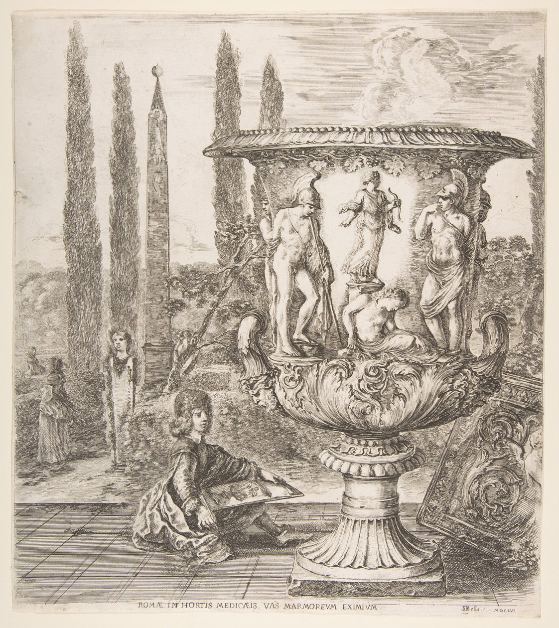Medici-vasen, en stor vase til høyre dekorert med en representasjon av offeret til..., 1656. av Stefano della Bella
