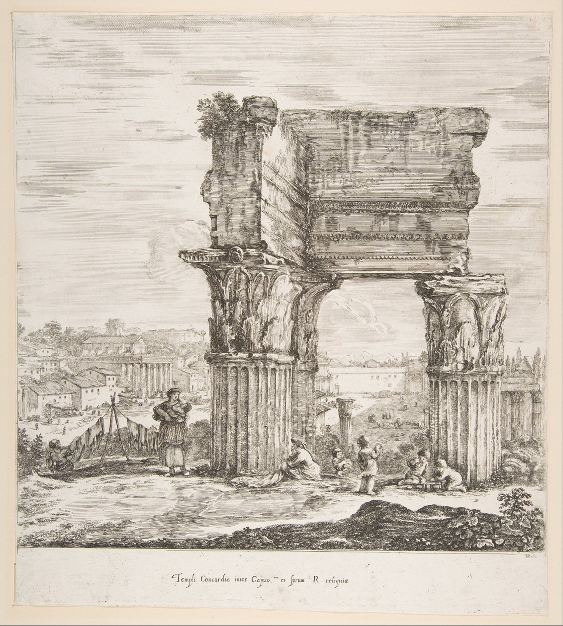 Vespasians tempel og Forum Romanum, fra seks store utsikter, fire av Roma, og to ..., 1656. av Stefano della Bella