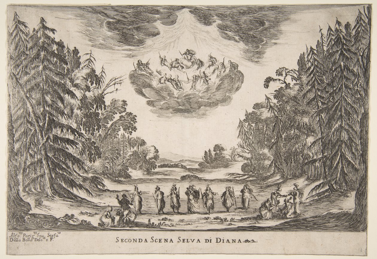 The Wedding of the Gods: Second Scene, Diana, 1637. av Stefano della Bella