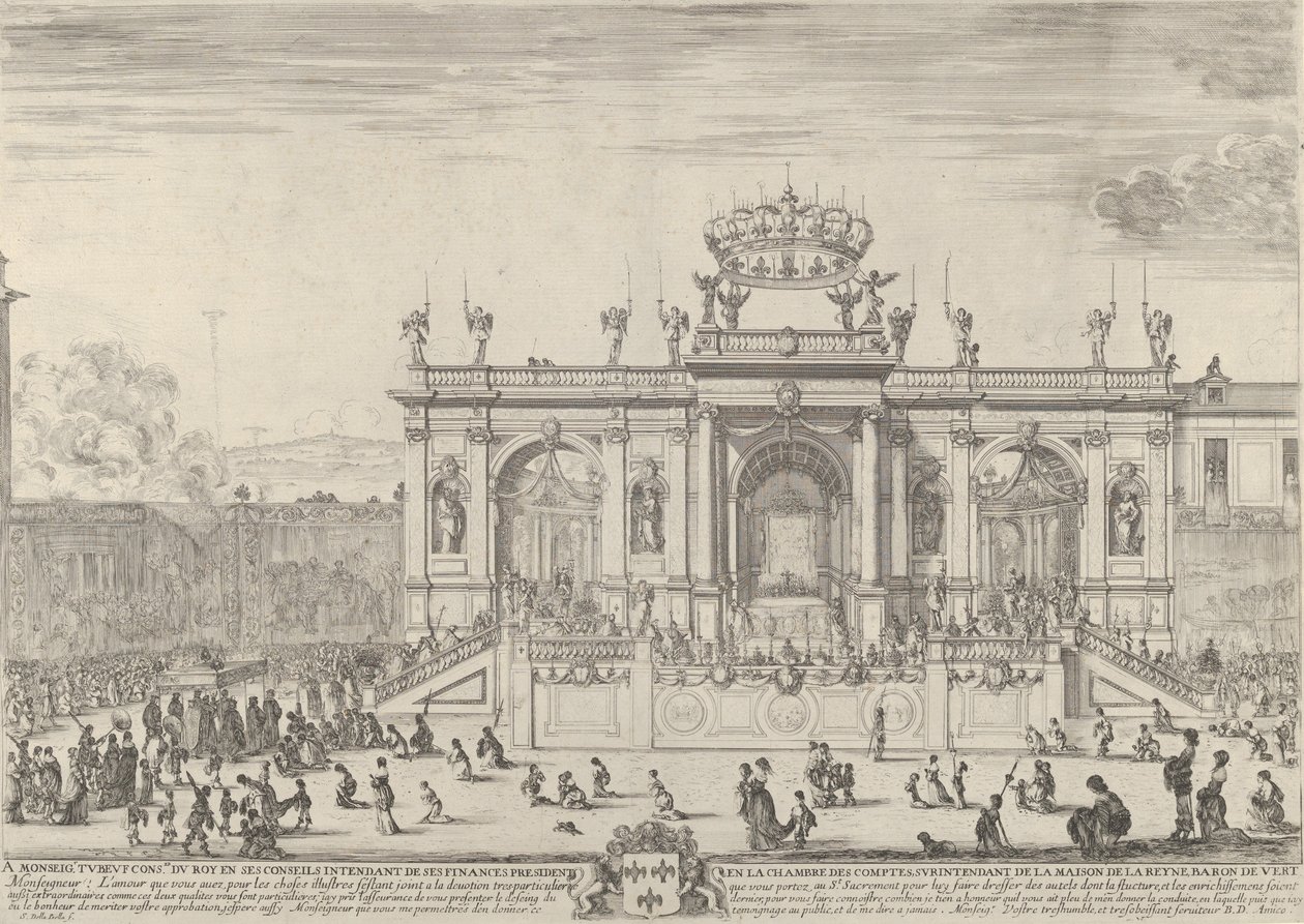 Det hellige nadverdsalteret, til venstre, nadverden under en baldakin, båret i p..., ca. 1648. av Stefano della Bella
