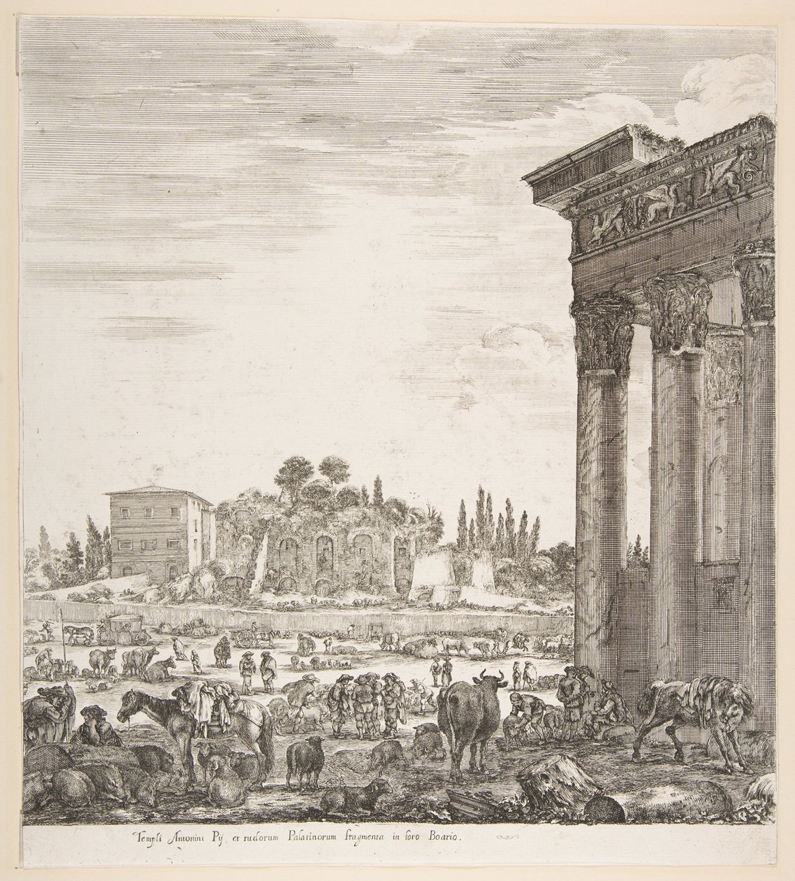 Søylene til Antoninus-tempelet til høyre, en del av Campo Vaccino i sentrum og..., 1656. av Stefano della Bella