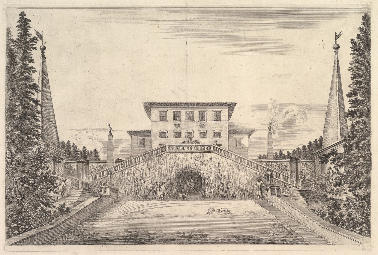 Villaen i midten flankert av fire obelisker, en trapp til hver side, en statue i ..., ca. 1653. av Stefano della Bella