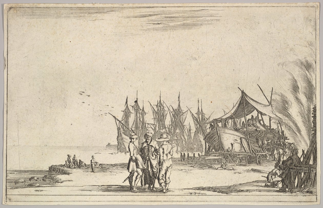 Tre menn med hatter som står i midten, menn som fester et skip til høyre, fem skip og vari..., 1639. av Stefano della Bella