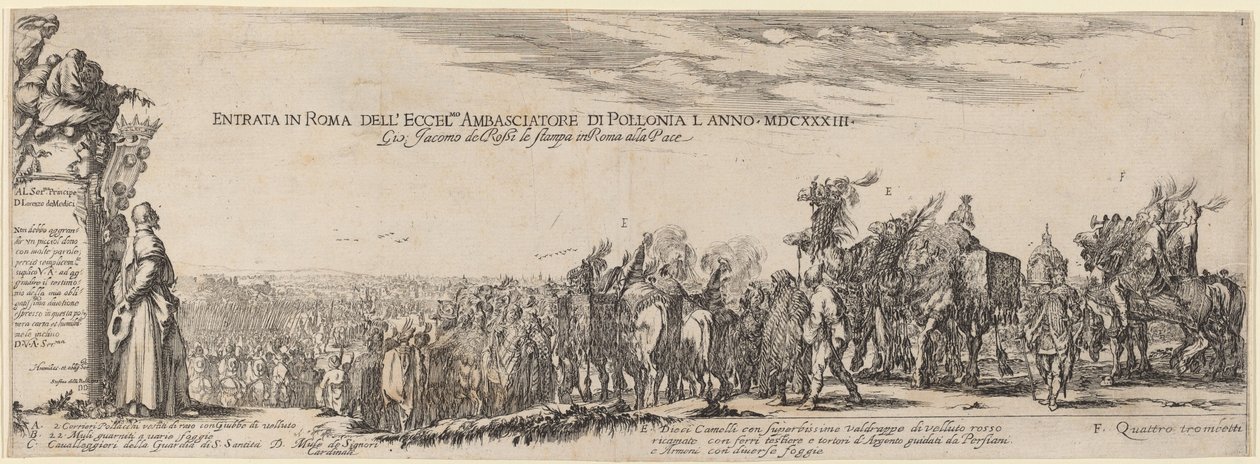 Tittelside for innreise til Roma til Hans eksellens den polske ambassadøren, 1633. av Stefano della Bella