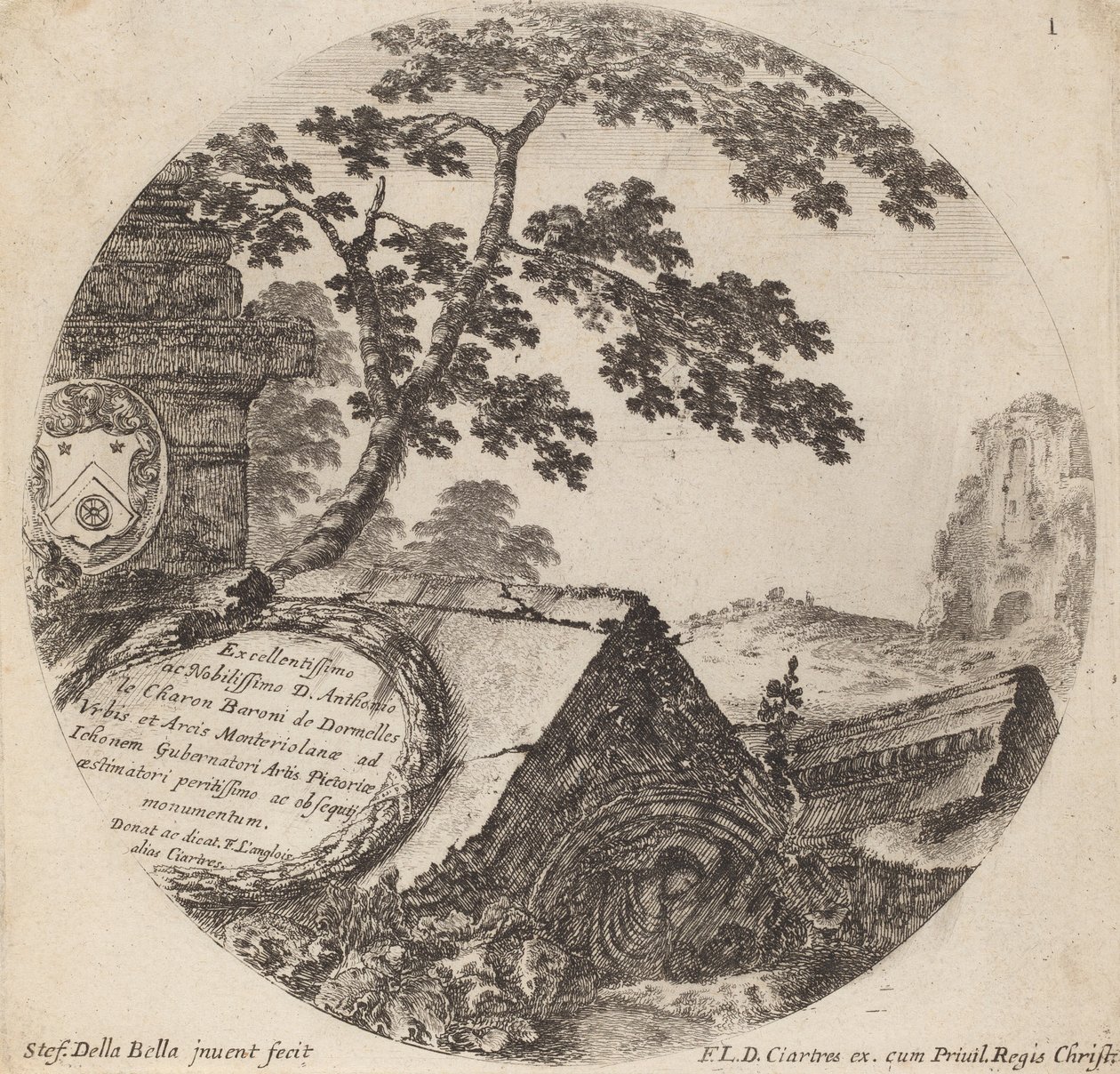 Tittelside for landskap og ruiner av Roma, 1646. av Stefano della Bella