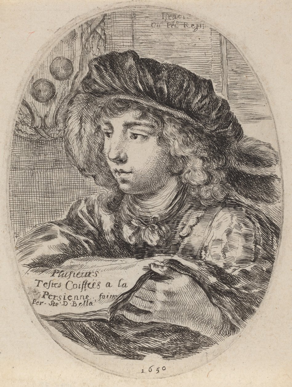 Tittelside for flere testikler Coiffées à la Persienne, 1650. av Stefano della Bella
