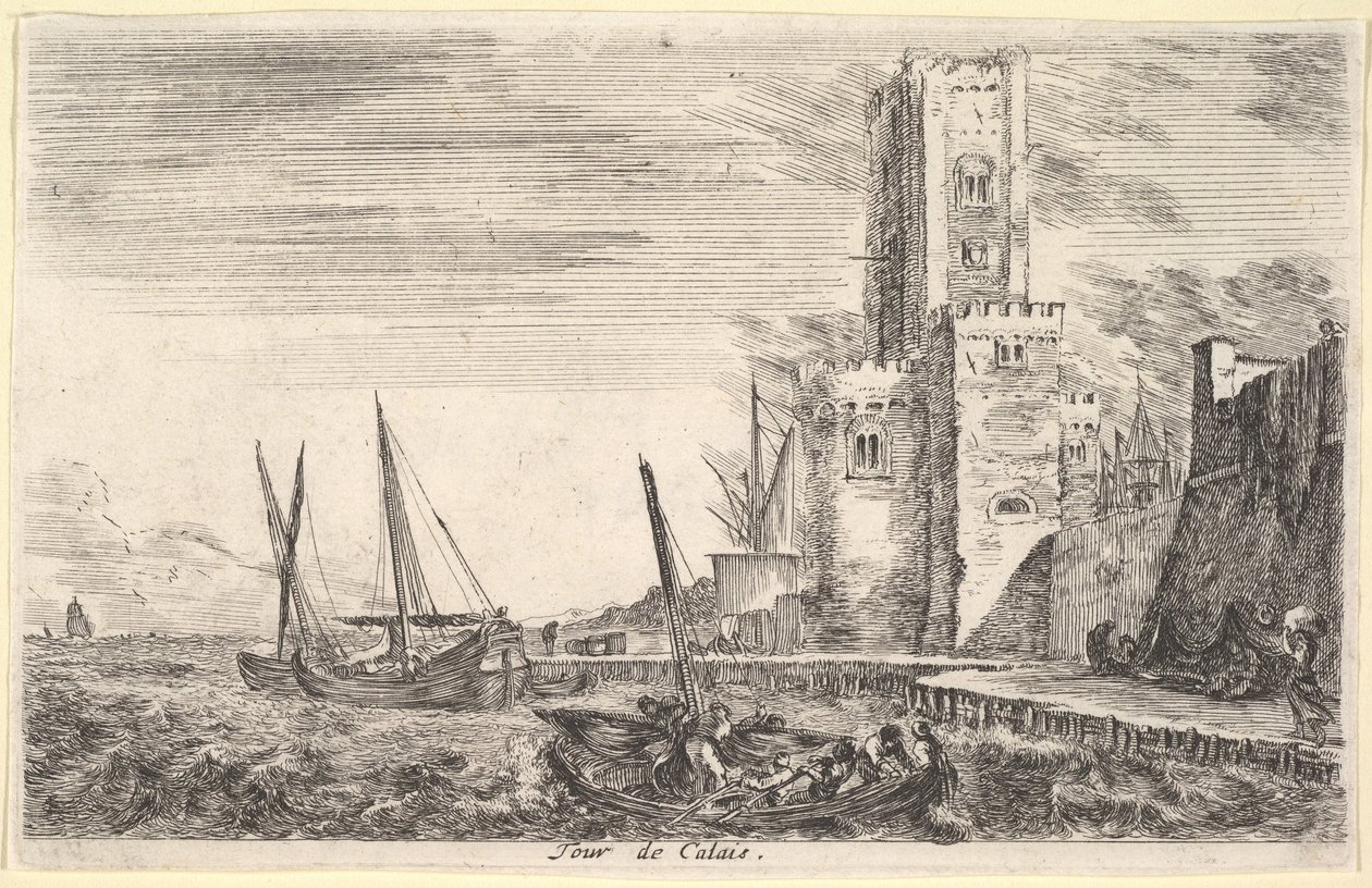 Tårnet i Calais Tour de Calais, tårn til høyre, to skip i sjøen til venstre og i midten..., 1647. av Stefano della Bella