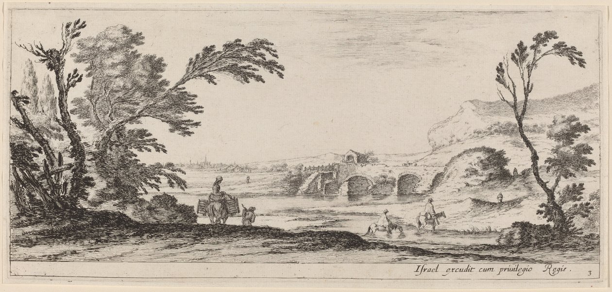 Reisende som forser en bekk, i eller før 1647. av Stefano della Bella