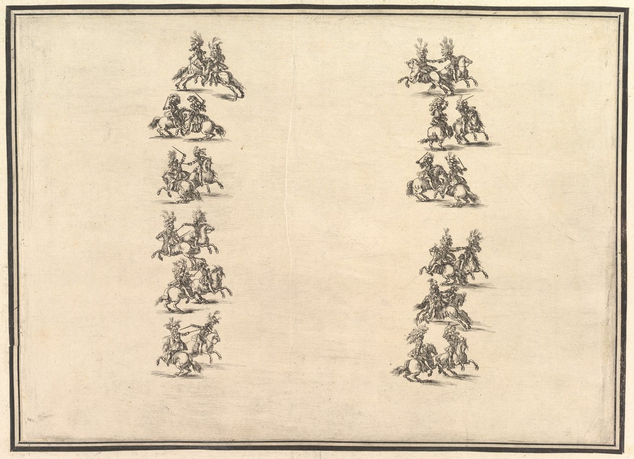 Tjuefire ryttere som duellerer og danner to kolonner, fra La Gara delle Stagioni, 1652. av Stefano della Bella