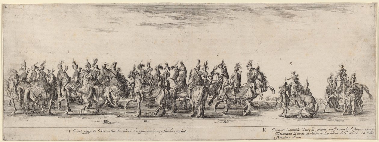 Tjue sider og fem tyrkiske hester, 1633. av Stefano della Bella