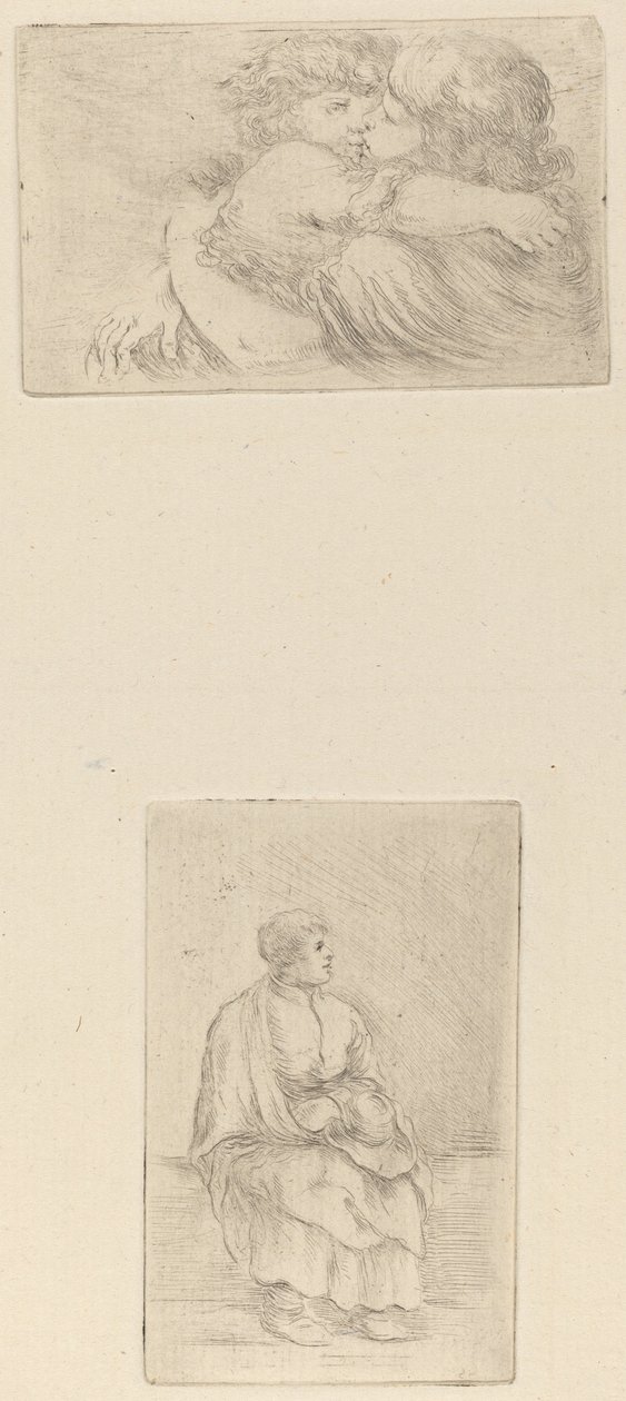 To barn som omfavner [øvre halvdel]; Sittende Prediker [nedre halvdel] av Stefano della Bella