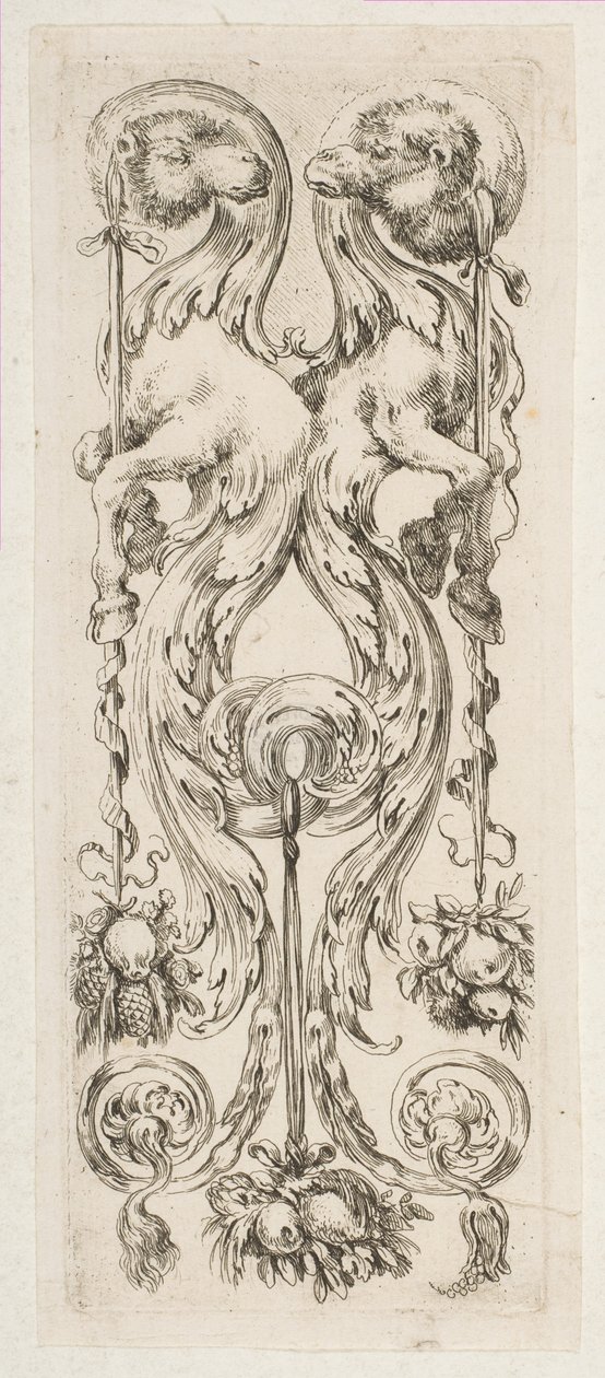 To motstående kamelhoder med kropper som avsluttes i ornament, ca. 1653. av Stefano della Bella