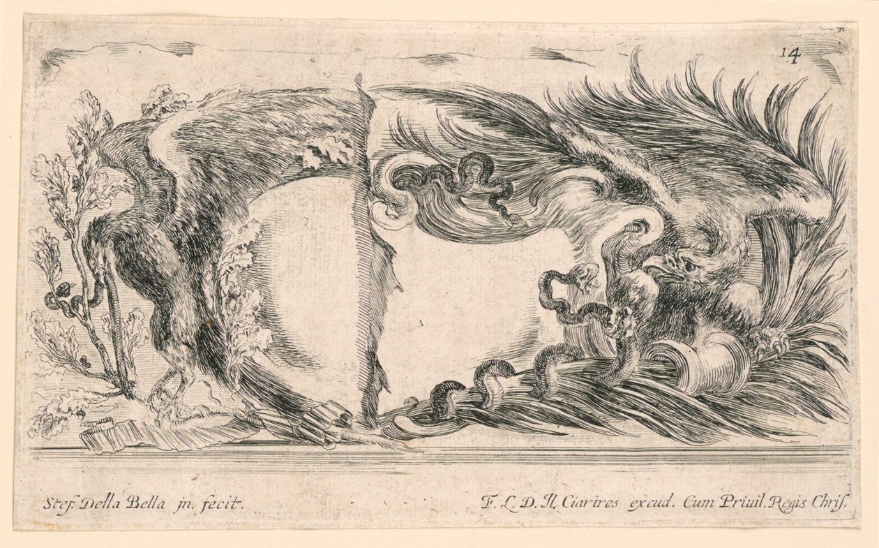 Two Halves of Escutcheons, No. 14 from "Raccolta di varii cappriccii et nove inventioni di cartelle et ornamenti"   1256028   no       norwegian Successfully Translated  Original: Hunting the Buffalo Translat: Hunting the Buffalo 1366403 no norwegian Succe av Stefano della Bella